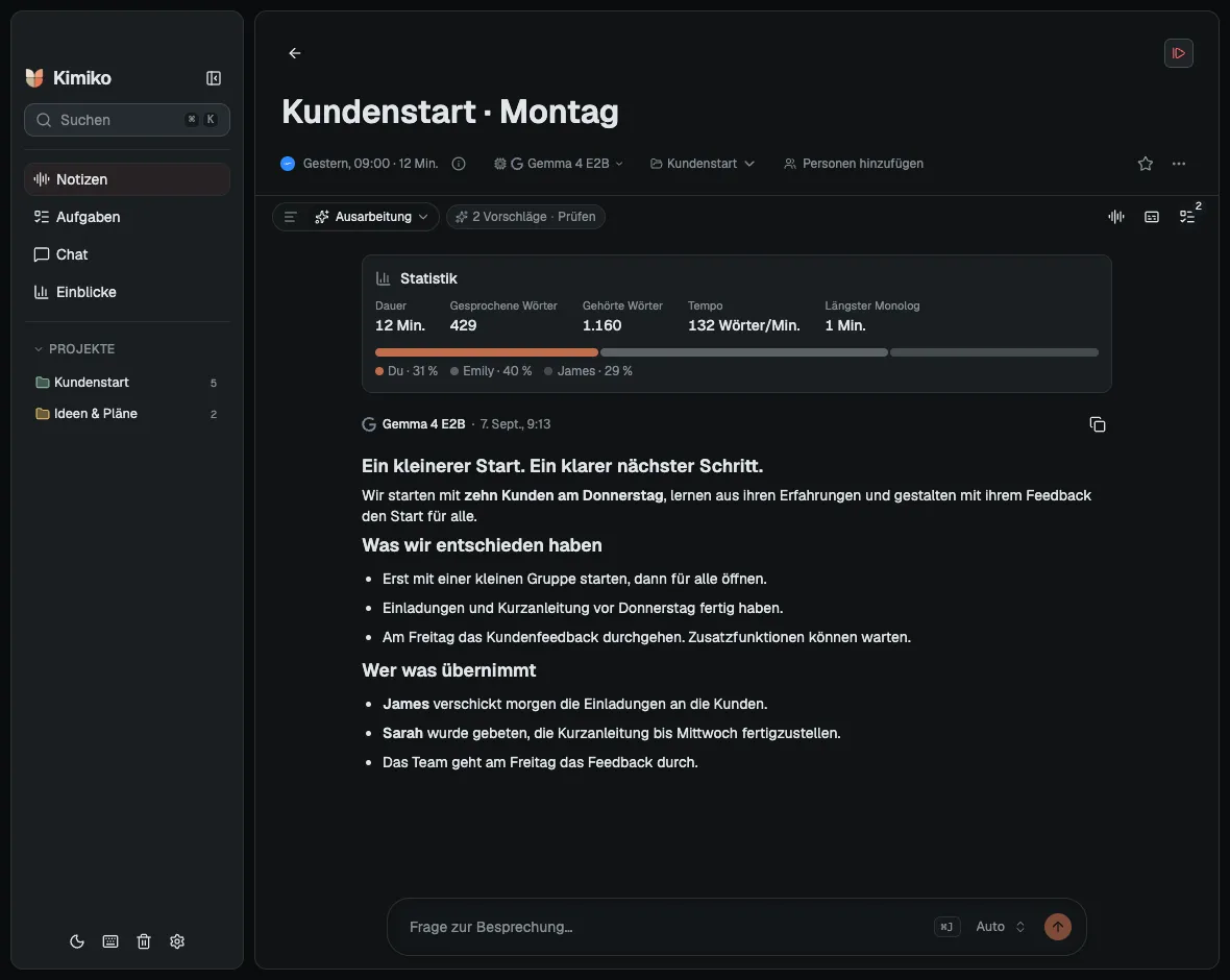 Kimikos Zusammenfassung einer fiktiven Besprechung zum Kundenstart, mit Entscheidungen und nächsten Schritten.
