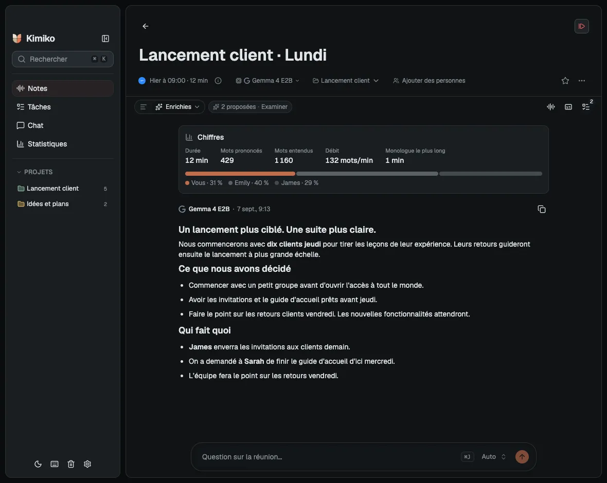 Le résumé de réunion de Kimiko, avec les décisions et les prochaines étapes d’une réunion fictive de lancement client.