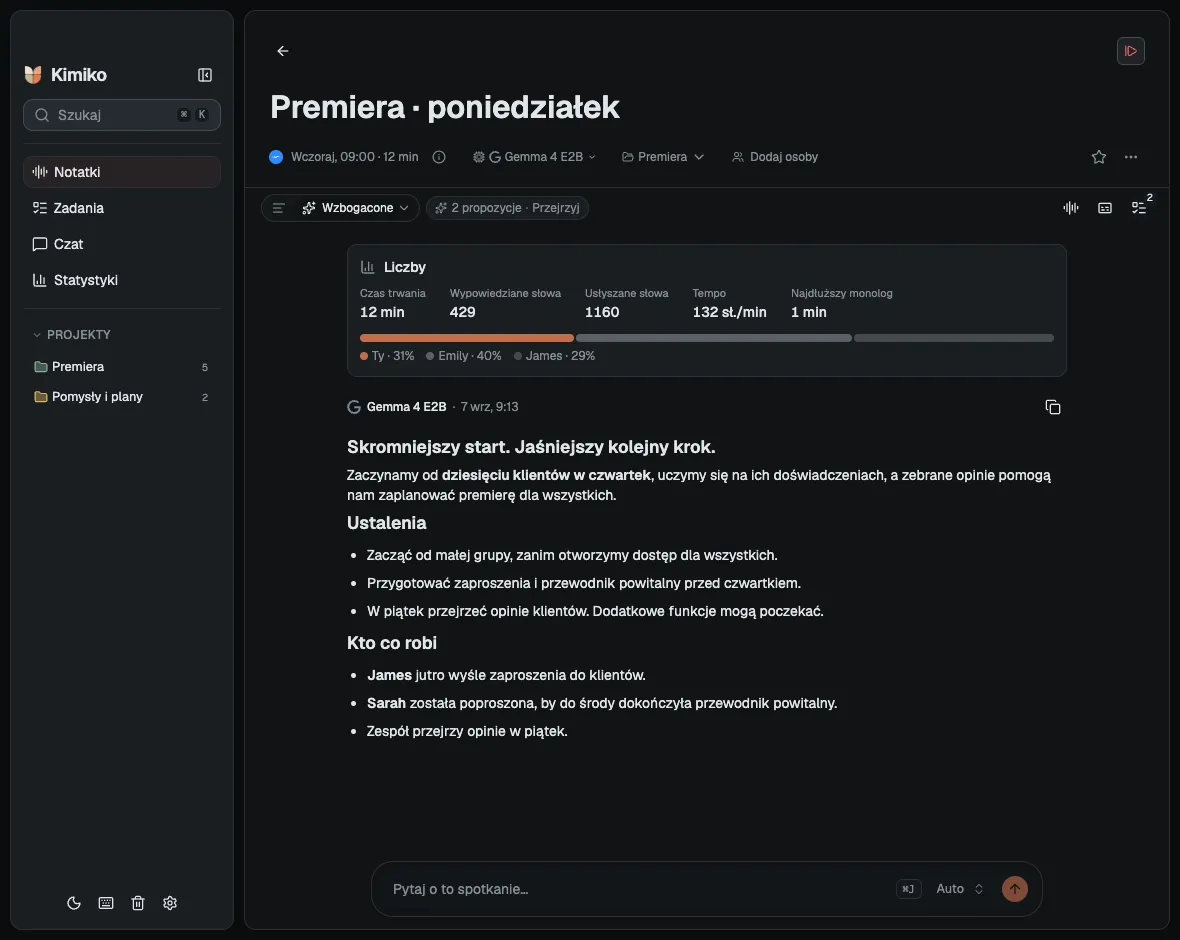 Podsumowanie spotkania w Kimiko z decyzjami i kolejnymi krokami — fikcyjna rozmowa o premierze dla klientów.