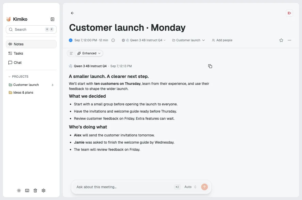 Kimiko's meeting summary, with decisions and next steps from a fictional customer-launch meeting.